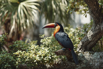 Fototapeta premium Toucan perched on tree branch in lush green tropical forest with vibrant colors and natural sunlight creating peaceful and lively atmosphere