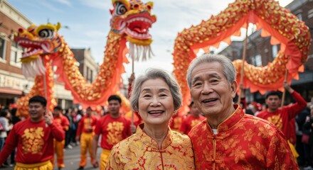 Elderly Chinese couple smiling at dragon parade