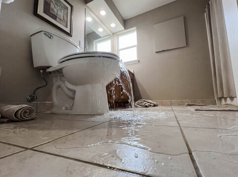 Overflowing toilet in bathroom with water on floor clogged plumbing problem household emergency house repair maintenance accident damage flood insurance claim plumber service background