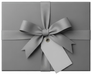 Gray gift box with silk ribbon and tag