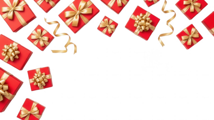 Collection of red gift boxes with gold ribbon on transparent background