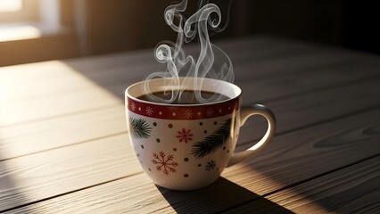 Steaming Cup of Coffee or Tea on a Wooden Table with Morning Sunlight and Dark Background