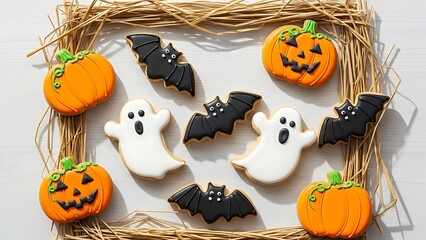 Halloween decorated cookies with pumpkins, ghosts, and bats on white background