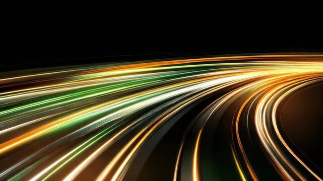 Light trail highway curve at night with dynamic motion glowing streaks energy