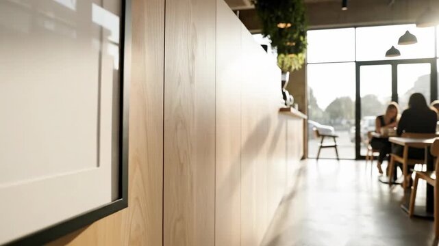 A slow cinematic dolly shot glides past an empty blank poster frame mounted on a clean minimalist wooden panel wall inside a bright modern cafe interior cinematic, cafe, marketing