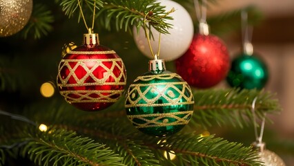 Red and Green Christmas Ornaments Hanging on a Pine Tree with Warm Lights, Festive Background