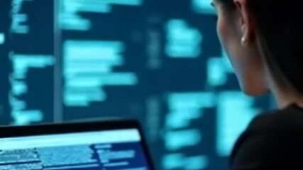 A woman examines a laptop displaying code, large screens display code in the background - Powered by Adobe