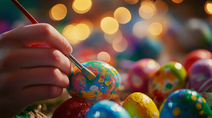 Close-up of Person Hands Painting Colorful Patterns on Easter Eggs with Brush