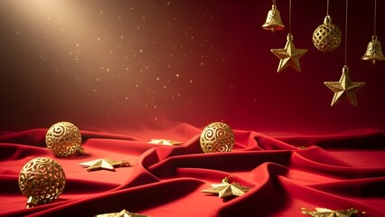 Luxury Red Silk Fabric with Golden Ornaments and Bokeh Lights, Elegant Festive Backdrop