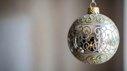 Close-up of a Decorative Silver Christmas Bauble with Intricate Patterns, Elegant Tree Ornament