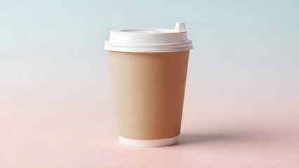 Disposable Coffee Cup with White Lid on a Soft Pink and Blue Pastel Background, Modern Cafe Branding