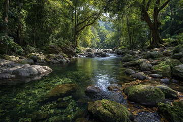 Obraz premium Tropical forest river with clear water flowing over mossy stones and surrounded by dense green trees under sunlight creating peaceful natural scene