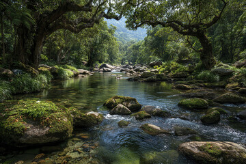 Obraz premium Tropical forest river with shallow rapids and mossy stones surrounded by lush green trees and vegetation under natural daylight