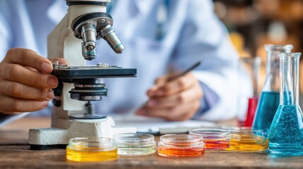 Closeup of lab worker using advanced instruments to test various pet specimens focusing on accurate veterinary analysis results.