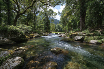 Obraz premium Tropical forest river with shallow rapids and mossy stones under bright sunlight, surrounded by lush green trees and distant mountain views creating peaceful natural scene