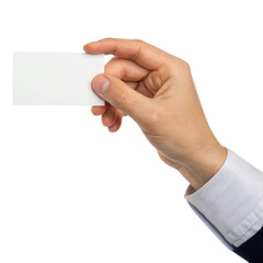 Hand gracefully presenting a blank business card against a clean white backdrop for creative branding opportunities