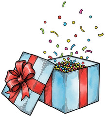 Hand drawn watercolor gift box opening with colorful confetti and red ribbon