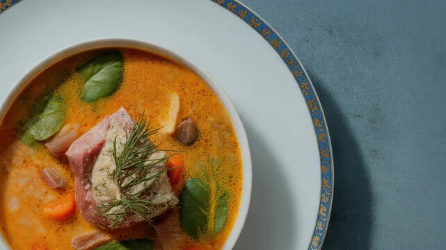 Creamy seafood soup with fish, herb, vegetable medley and comforting chowder style warmth