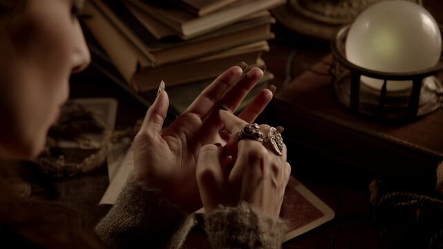 Intimate And Shadowy Environment Where Clairvoyant Explores Future Through Sacred Artifacts