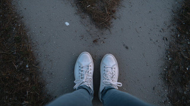 standing on a dirt path in white sneakers, first person view of casual walking, quiet moment before taking a step
