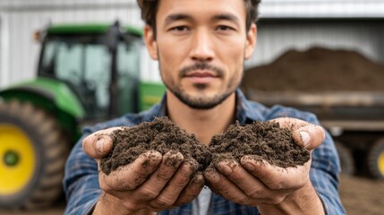 A man is holding two bags of dirt in his hands. He is standing in front of a tractor