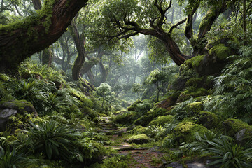 Lush green forest path surrounded by dense moss covered trees and vibrant foliage, creating serene and enchanting tropical jungle ecosystem with natural light filtering through