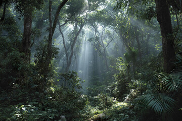 Obraz premium Tropical jungle with dense green foliage and tall trees illuminated by glowing light shafts creating serene and mystical atmosphere in forest