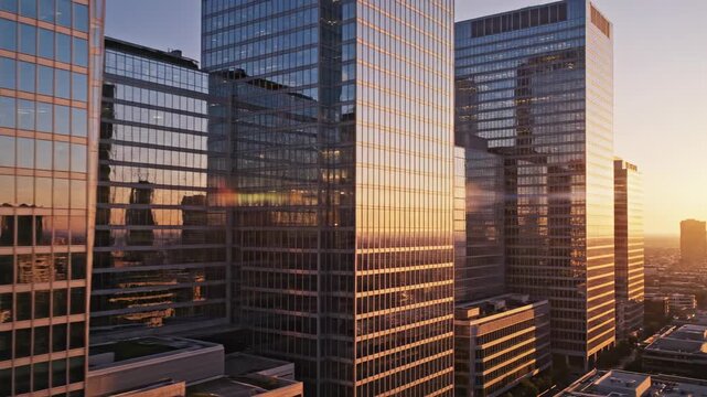 Cinematic slow dolly shot across contemporary skyscraper facades during golden hour creating a stunning corporate backdrop highrise, contemporary, real