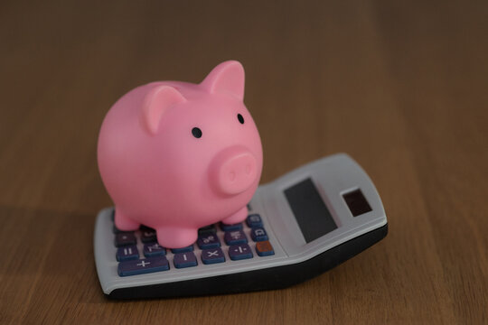 Piggy bank on a calculator. Business finance, savings and investment concept