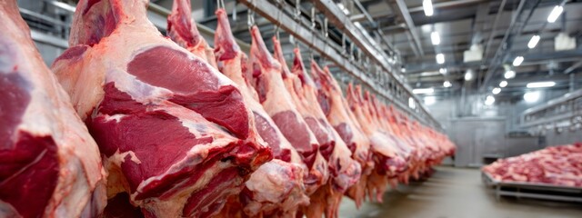 A meat processing plant with hanging meat. The meat is hanging from the ceiling and is being processed