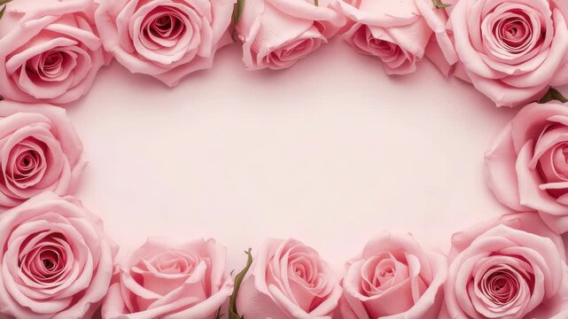 Soft pink rose frame with soft petals and empty center space evoking romantic gentle mood