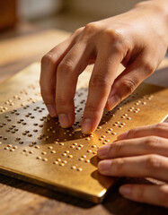 Hands gently touching Braille dots, soft focus on raised letters, symbolizing learning, literacy, awareness, and accessibility, conceptual education and inclusion theme