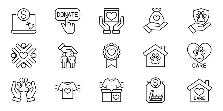 Set of charitable donation icons with various symbols and concepts
