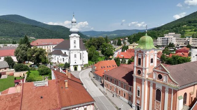 Aerial view of the church in Roznava, Slovakia