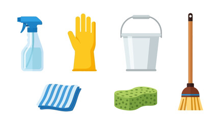 Cleaning supplies set illustration spray bottle glove bucket broom sponge cloth © ellisa_studio