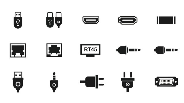 Collection of black and white connectivity symbols isolated on white background