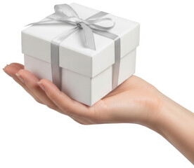 Woman hand holding small white gift box with silver ribbon against transparent background