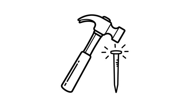 Hammer striking nail illustration black and white vector concept