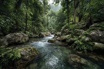Obraz premium Tropical rainforest stream flowing through dense green jungle with rocks and lush vegetation creating peaceful natural environment full of vibrant life and fresh water