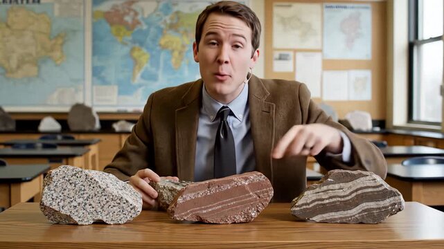 Male teacher explaining three different geological rock samples in a classroom