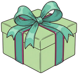 A green gift box with a teal ribbon tied in a bow on a transparent background