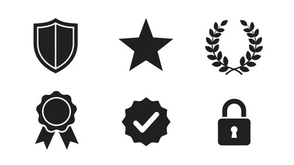 Fototapeta premium Set of black icon illustrations shield star laurel wreath seal checkmark and lock