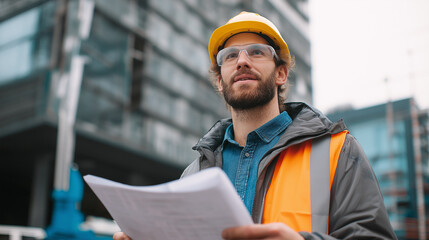 construction engineer at modern building site, architect wearing safety helmet on urban project, professional builder planning city development
