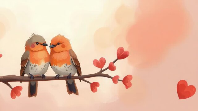 Two small orange songbird and robins branch with heart shaped leaves, romantic couple heart