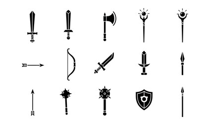 Set of black weapon icons swords axes bows arrows and other armaments