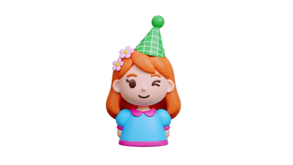Cartoon Girl with Party Hat and Flowers