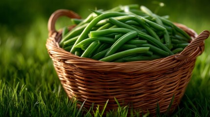 A basket full of green beans is sitting on a grassy field. The basket is woven and has a rustic appearance. The green beans are fresh and vibrant, and they seem to be ready for harvest