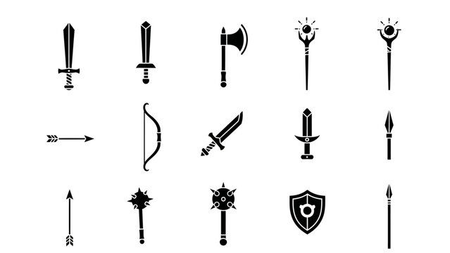 Set of black weapon icons swords axes bows arrows and other armaments