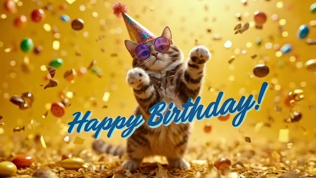  Cool cat wearing sunglasses and party hat celebrates with confetti and fluffy decorations