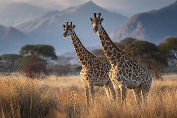 Obraz premium Two giraffes stand tall in golden savanna meadow with distant mountains and trees under soft natural light, creating peaceful and majestic wildlife scene